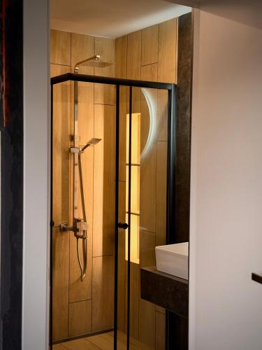 a bathroom with a shower and a sink at ArtMi in Lazeshchyna