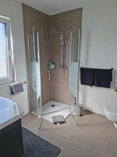 a bathroom with a shower and a sink at Jungle Dream in Hitzkirch