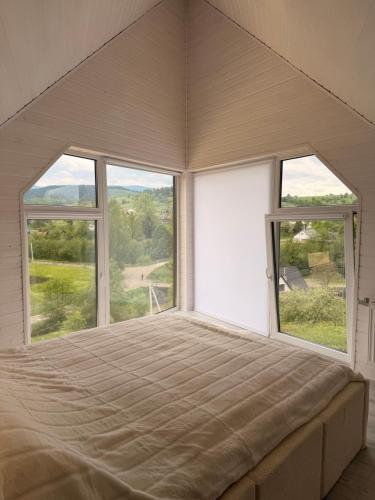 a bedroom with two large windows and a bed at ArtMi in Lazeshchyna