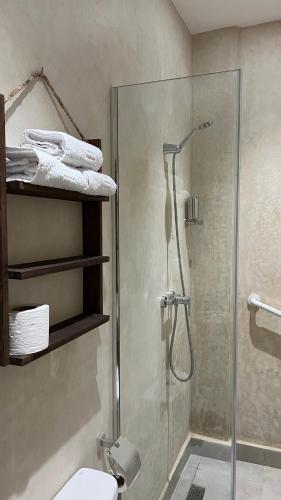 a bathroom with a shower with a glass door at Imsouane Harmony in Imsouane