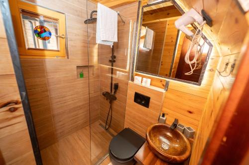 a bathroom with a copper sink and a shower at Rooms and apartmants Mirovic in Kolašin