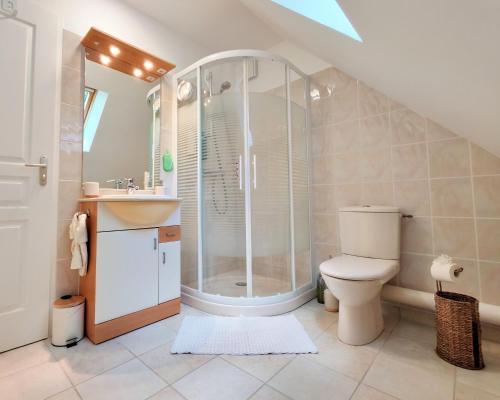 a bathroom with a shower and a toilet at Celies Country Cottage in Blaru