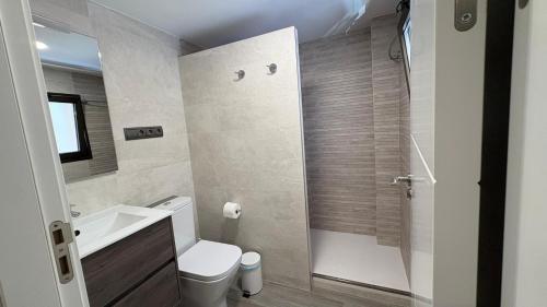 a bathroom with a toilet and a sink and a shower at Alojamientos Templete in Caravaca de la Cruz
