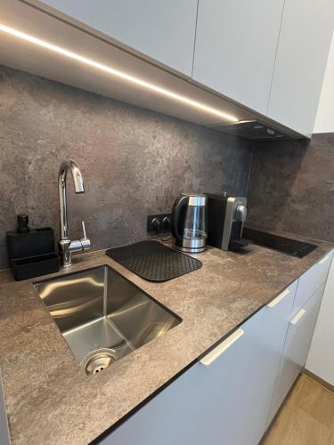 a kitchen counter with a sink and a microwave at Apartament Mini Stary Sącz in Stary Sącz