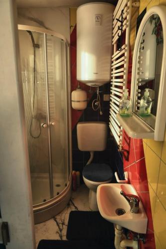 a small bathroom with a toilet and a sink at Jurina Hiža in Beletinec