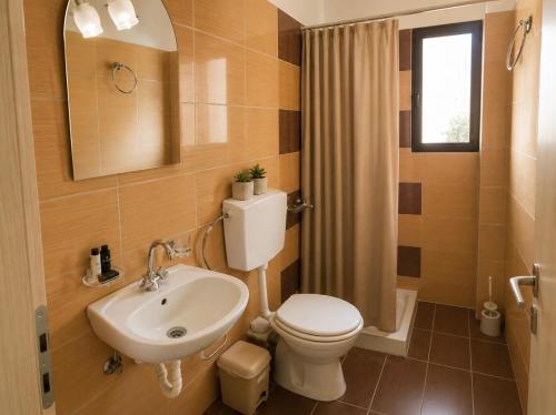 a bathroom with a toilet and a sink at Hotel Olivia in Agiokampos