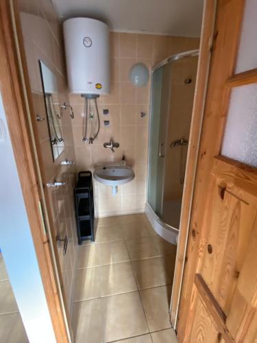 a small bathroom with a sink and a shower at Domki letniskowe Rafa in Sarbinowo