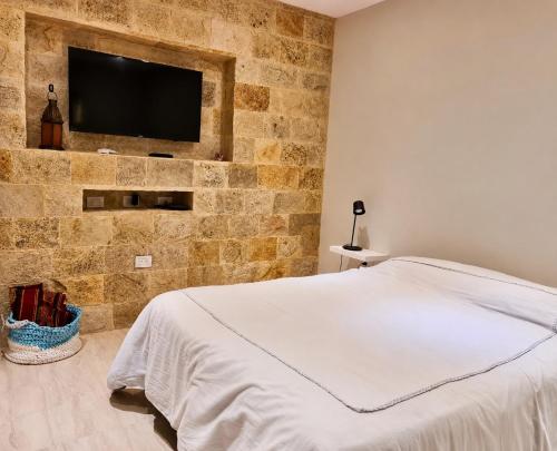 a bedroom with a stone wall with a bed and a tv at Los Medanos 1 in Puerto Madryn