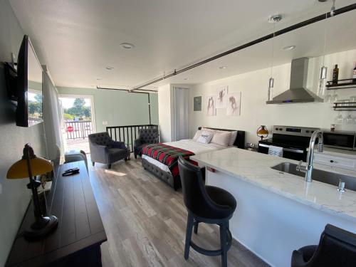 a kitchen and living room with a bed and a sink at Soundview Ferry Cottage in Mukilteo