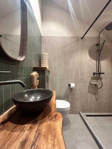 a bathroom with a black bowl sink on a wooden counter at De Strandjutter in Warmenhuizen