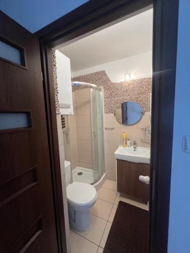 a bathroom with a toilet and a shower and a sink at Apartament Łeba in Żarnowska