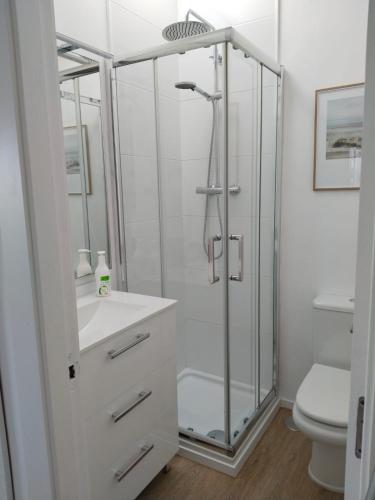 a white bathroom with a shower and a toilet at Casa Roca Blanca Suances in Suances