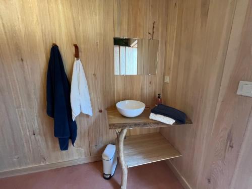 a bathroom with a sink and a bowl on a wooden wall at Moulin insolite - Rooftop - Proche St-Emilion in Saint-Vincent-de-Pertignas