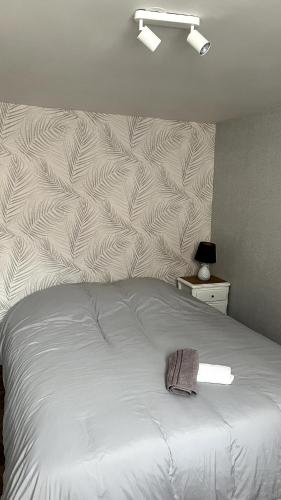 a bedroom with a white bed with a patterned wall at Maison 2 couchages - parking in La Chaussée-sur-Marne