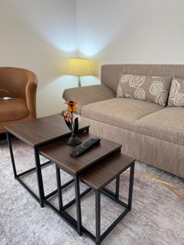 a living room with a couch and a coffee table at gvero apartments in Prilep