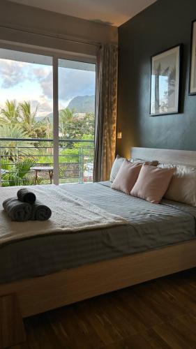 a bedroom with a large bed with a large window at Le Morne Kite Villas in La Gaulette