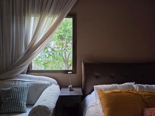 a bedroom with a bed and a window with curtains at Ground floor Apt with a garden view in Limassol