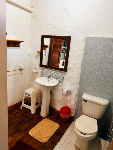 a bathroom with a toilet and a sink and a mirror at Casa Garaje in Barichara