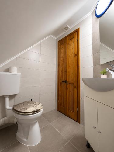 a bathroom with a toilet and a sink at Coco & Simi Lakeside Nest in Cinciş
