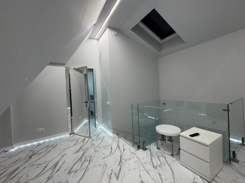 a white bathroom with a glass shower and a sink at Kaleju 10 Apartment in Tukums