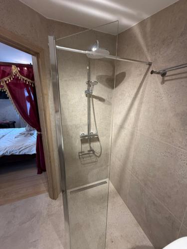 a bathroom with a shower with a glass door at Tadż Mahal Apartament in Sulechów