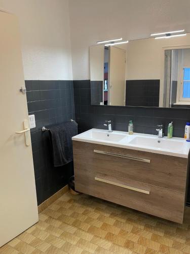 a bathroom with a sink and a large mirror at L'Ecrin du Chalet d'Arguel in Pugey