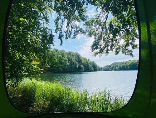 a view of a large lake from a window at Chata Salamandra in Michalovce