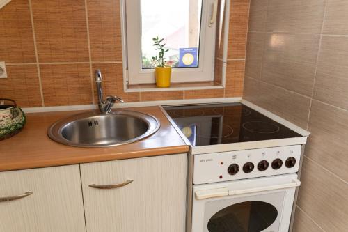 a small kitchen with a sink and a stove at Golden BIS, Subotica in Subotica