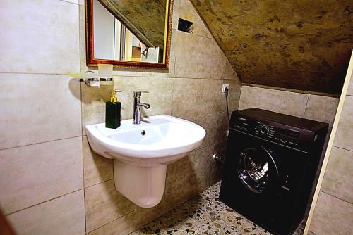 a bathroom with a sink and a washing machine at Weekend Borjomi in Borjomi