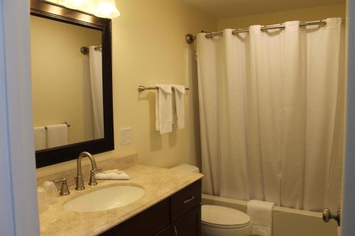 a bathroom with a sink and a toilet and a shower at The Inn on the Wharf in Lubec
