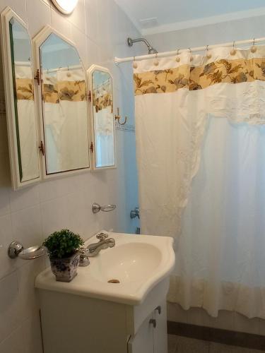 a bathroom with a sink and a shower curtain at Casa La Bendición in Mar del Plata