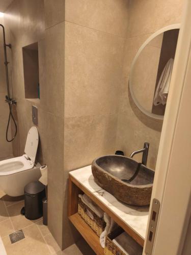 a bathroom with a sink and a toilet and a mirror at Villa Sivo in Kolymbia