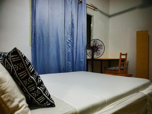 a bedroom with a bed with a blue curtain and a fan at Au cœur de Ouidah in Ouidah
