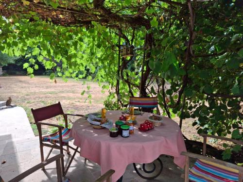 a table with food on it under a tree at Au Lou Pélélée in Madranges
