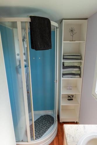 a shower with a glass door in a bathroom at Villa Thiago in Cádiz