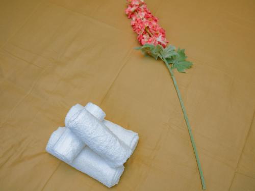 a white towel and a flower on a table at LA CORTE CHARME Diaz in Ravenna