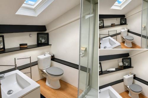 two pictures of a bathroom with a toilet and a sink at Les Gîtes du Chemin - La Colombière in Paray-le-Monial