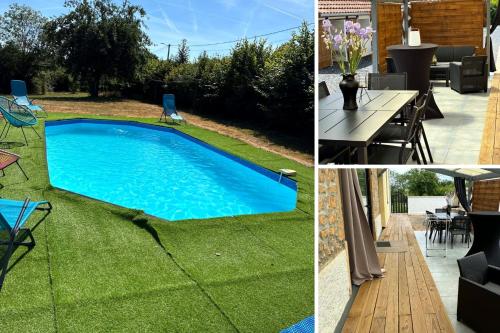a swimming pool in a yard with green grass at Les Gîtes du Chemin - La Colombière in Paray-le-Monial