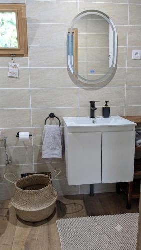 a bathroom with a white sink and a mirror at Entre Bois & Cévennes in Anduze