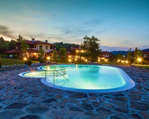 a large swimming pool in a yard at night at Villa Foresta in Oreshak
