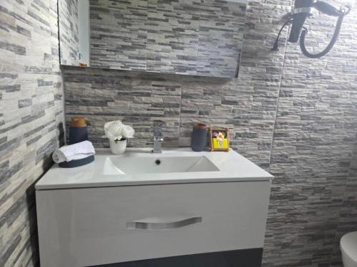 a bathroom with a white sink and a brick wall at VILLA Orchidée in Le Moule