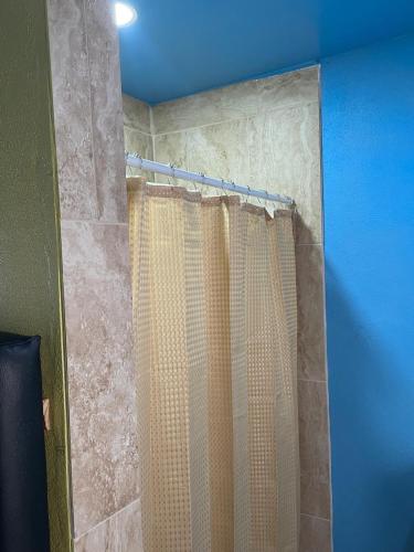 a shower with a shower curtain in a bathroom at Attres in Monkey Hill