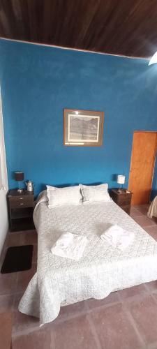 a blue bedroom with a bed with a blue wall at Cabaña LDM cc in Santa Rosa
