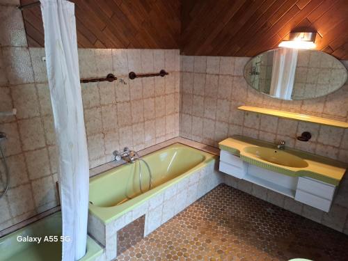 a bathroom with a green tub and a mirror at Haus Mooswald in Lechleiten
