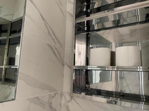a bathroom with a mirror and some rolls of toilet paper at Oxford Luxury Flat in Oxford