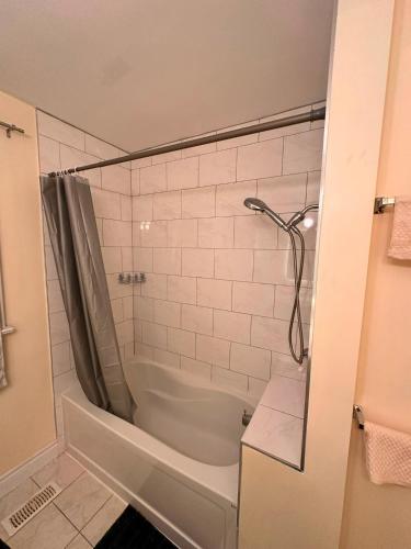 a bathroom with a shower with a shower curtain at Treverton Retreat in Toronto