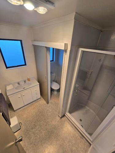 a bathroom with a shower and a sink and a toilet at Raceway Lodge in Feilding