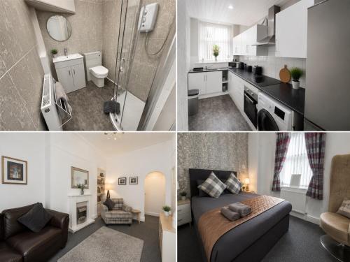 a kitchen and a bedroom with a bed and a bathroom at Hillhead Apartment in Coylton