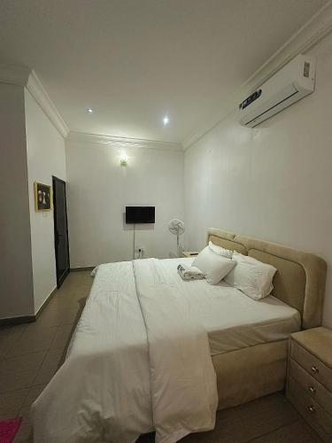 a bedroom with a large white bed and a television at Brainardville in Iseri