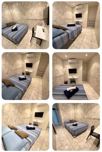 a group of four pictures of a bedroom with beds at Cantinho Aconchegante - Quarto com Ar-cond 1 in Bayeux